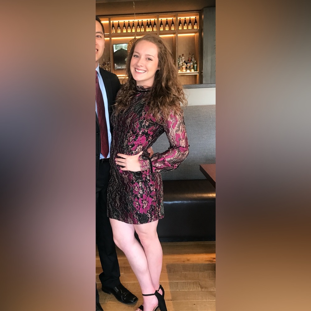 Wayf Black and Magenta Lace Mini Dress